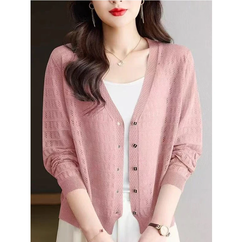 夏季镂空勾花针织衫薄款宽松长袖开衫防晒衣