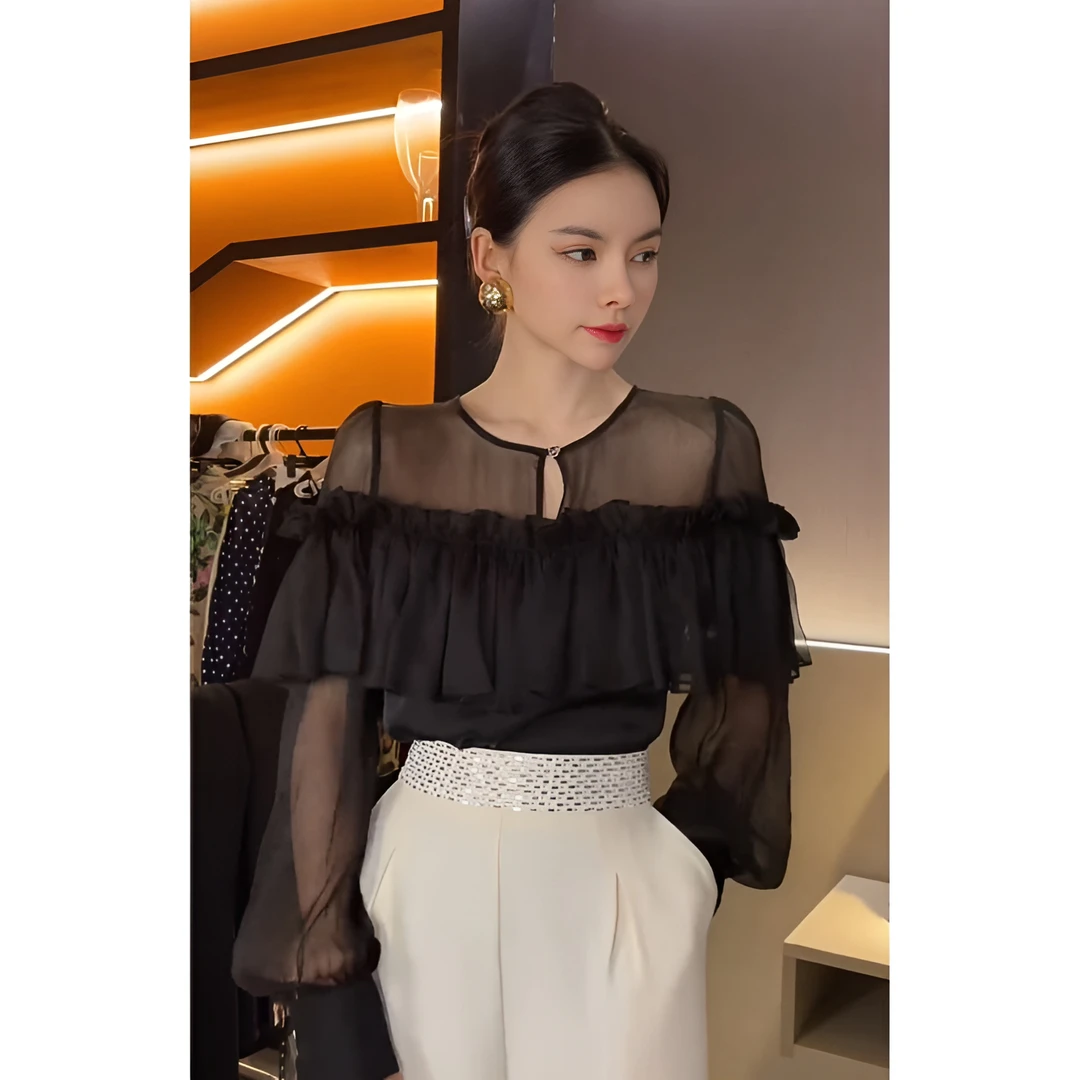 法式轻熟性感露肩荷叶边衬衫女2025春夏新款防晒长袖上衣气质衬衣