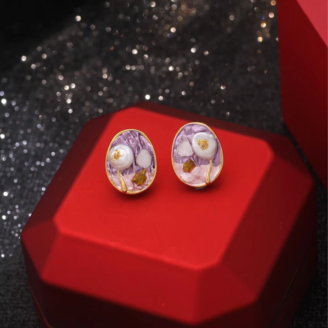 铜合金耳饰 《货号9302》新中式花朵复古油画风耳环