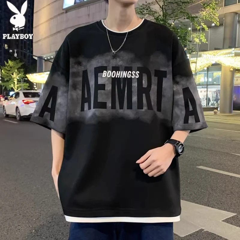 花花公子夏季新款假两件t恤潮牌痞帅短袖男美式高街男士薄款上衣