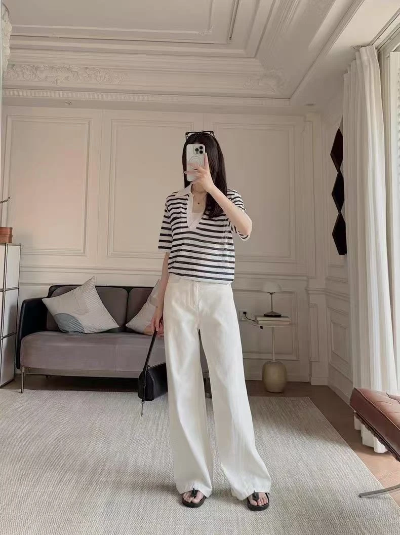 女士翻领小v横条针织短袖夏季