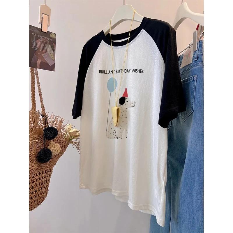 大码2-300斤胖mm设计感撞色插肩袖t恤女装夏季薄款竹节棉短袖上衣