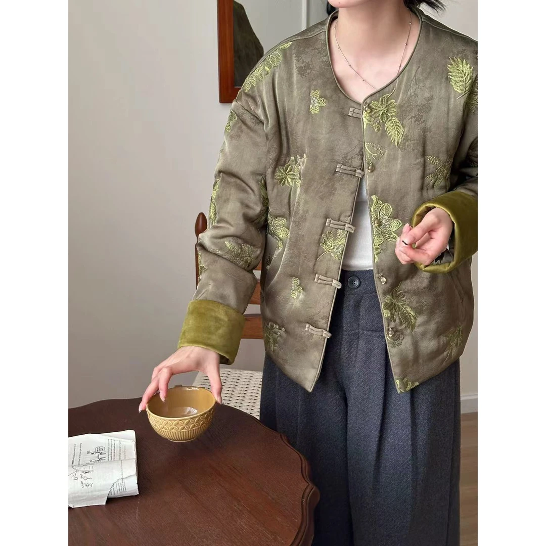 至上-冬上新新中式优雅气质国风刺绣盘扣保暖棉服棉衣外套xx6339