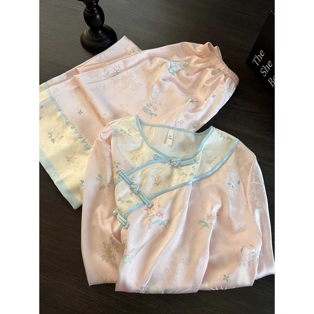 新中式国风盘扣睡衣女款春秋新款高级感缎面冰丝家居服套装可外穿