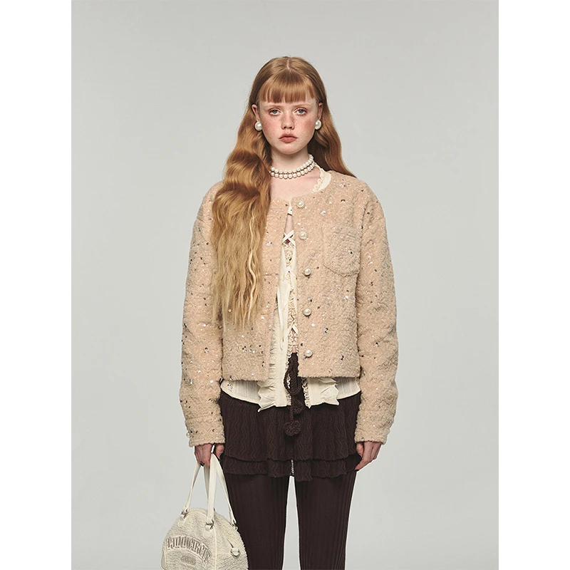 【青仓】1JINN STUDIO 珠片小香流行毛毛中短款环保草草外套