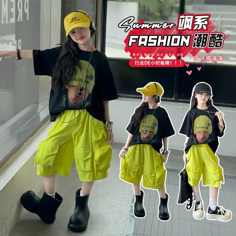 女童夏季韩版套装2025新款中大童洋气时尚T恤薄款工装短裤两件套