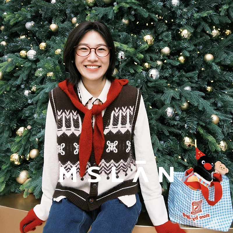 MSLAN冬季新款费尔岛风撞色针织马甲休闲叠穿背心女MGDW347