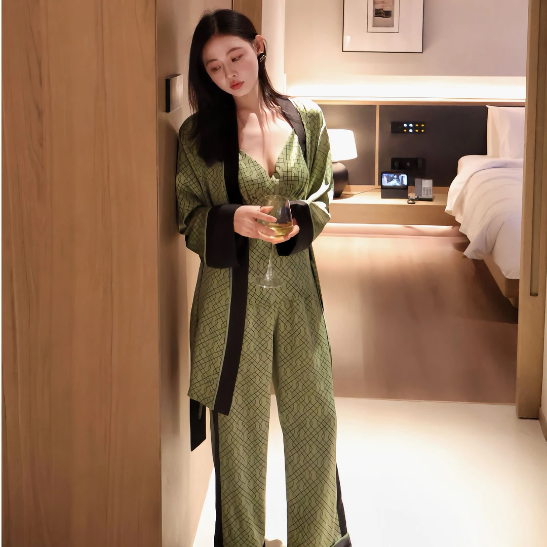 雍然雍然性感三件套睡衣轻奢时尚法式长款