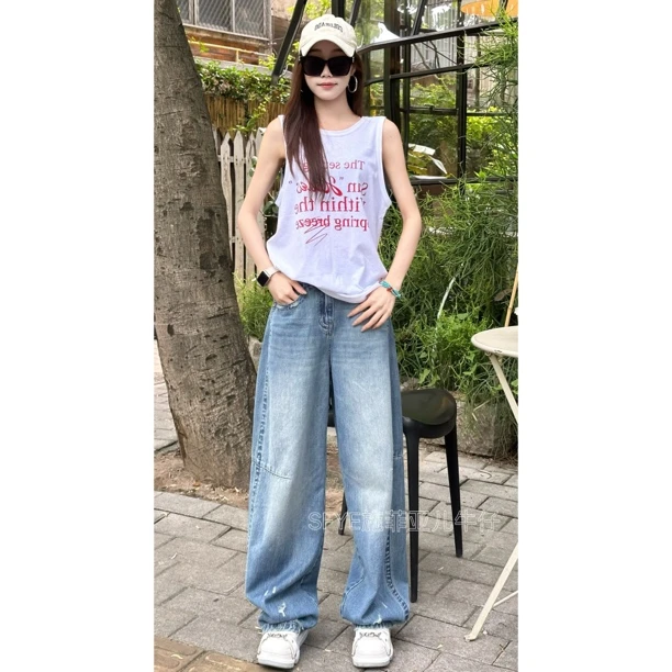 夏季新款显白简约浅蓝色牛仔裤设计简洁显瘦百搭外穿薄款宽松复古