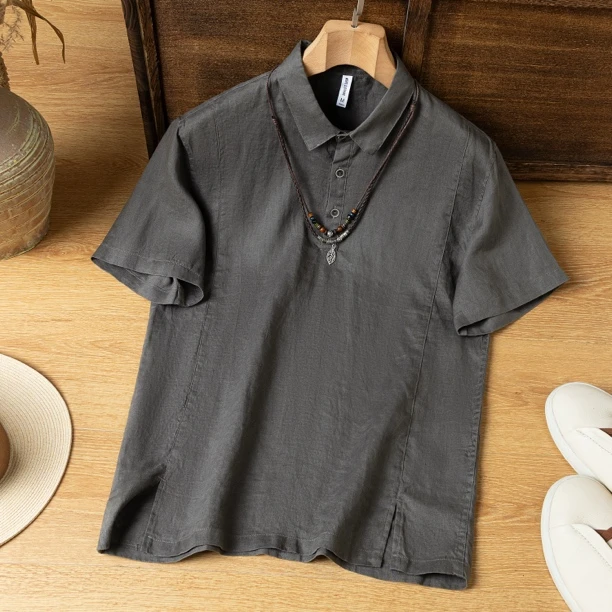 亚麻短袖衬衫男士夏季轻薄透气宽松中式硬汉风棉麻polo衫半袖上衣