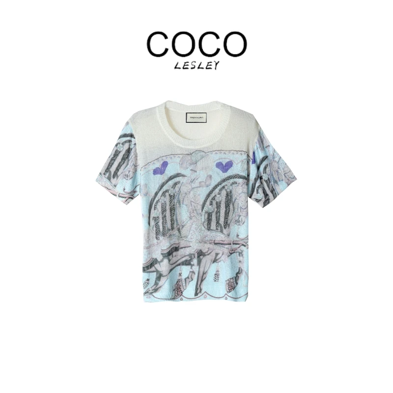 【COCOLESLEY】轻奢烫钻重工短袖手工印染奢品马毛衣针织套头夏季
