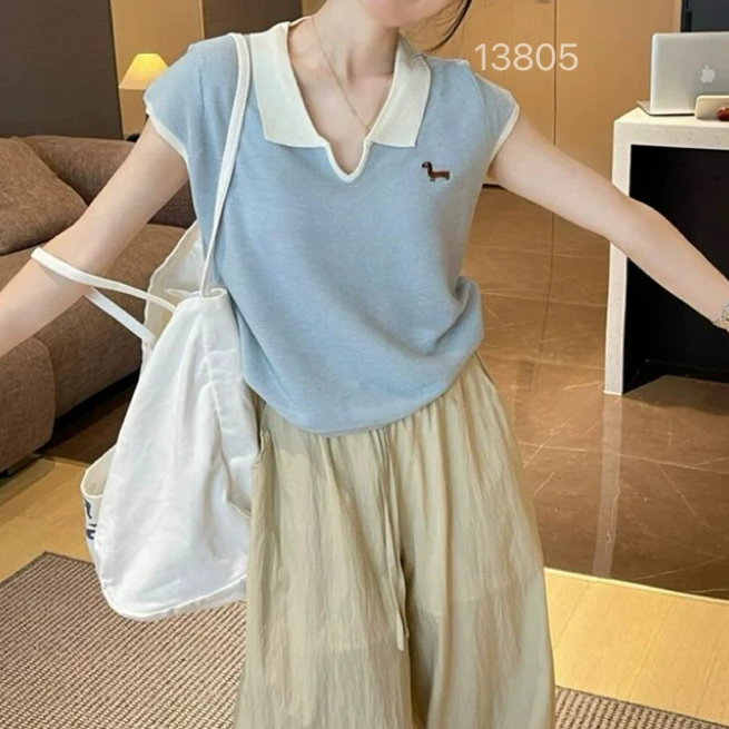 13805(部分无水洗唛,介意慎拍)SANFAN新款翻领小狗刺绣针织小飞袖