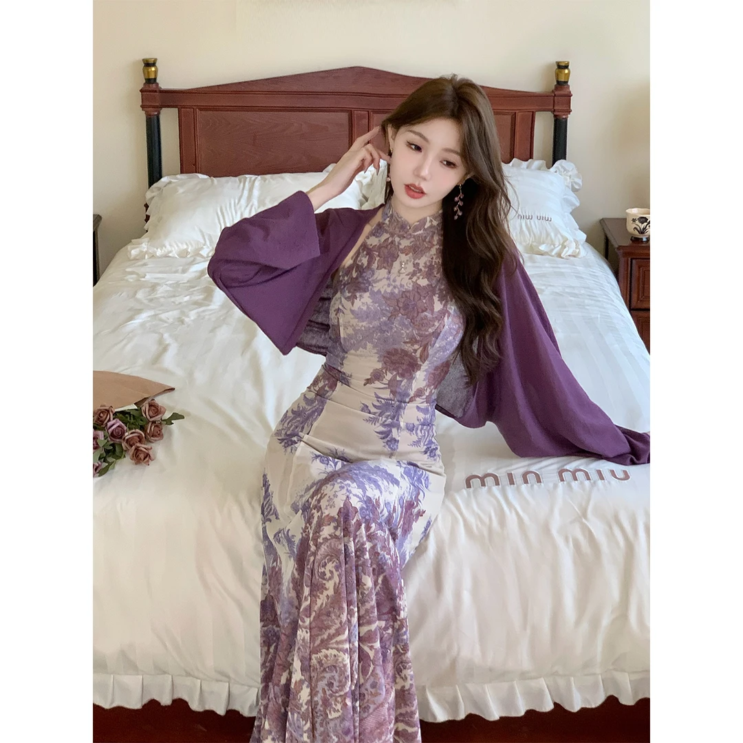 凌茜恣禾【蔓烟】国风新中式法式紫色开衫浅紫色挂脖碎花大摆旗袍裙