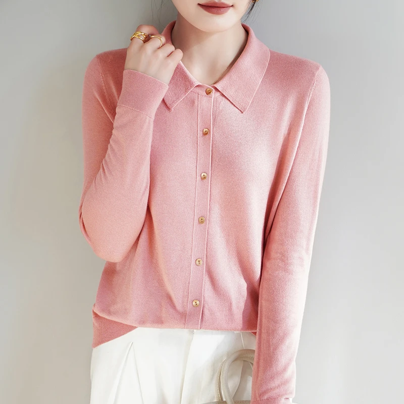 气质POLO领长袖针织开衫女休闲翻领秋冬羊绒新款外穿宽松打底开衫