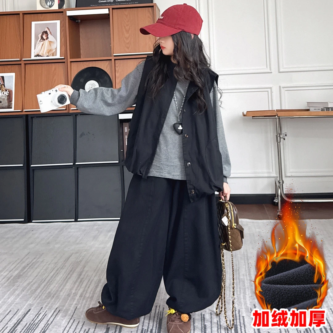 【毛妈潮牌】女童冬季加绒条纹马甲三件套2025新款大童宽松韩系套装
