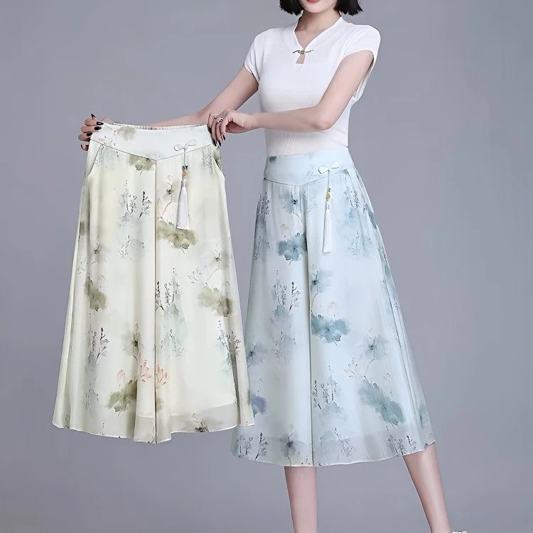 2025国风七分裤女夏季新款时尚薄款印花休闲高腰显瘦冰丝阔腿裙裤