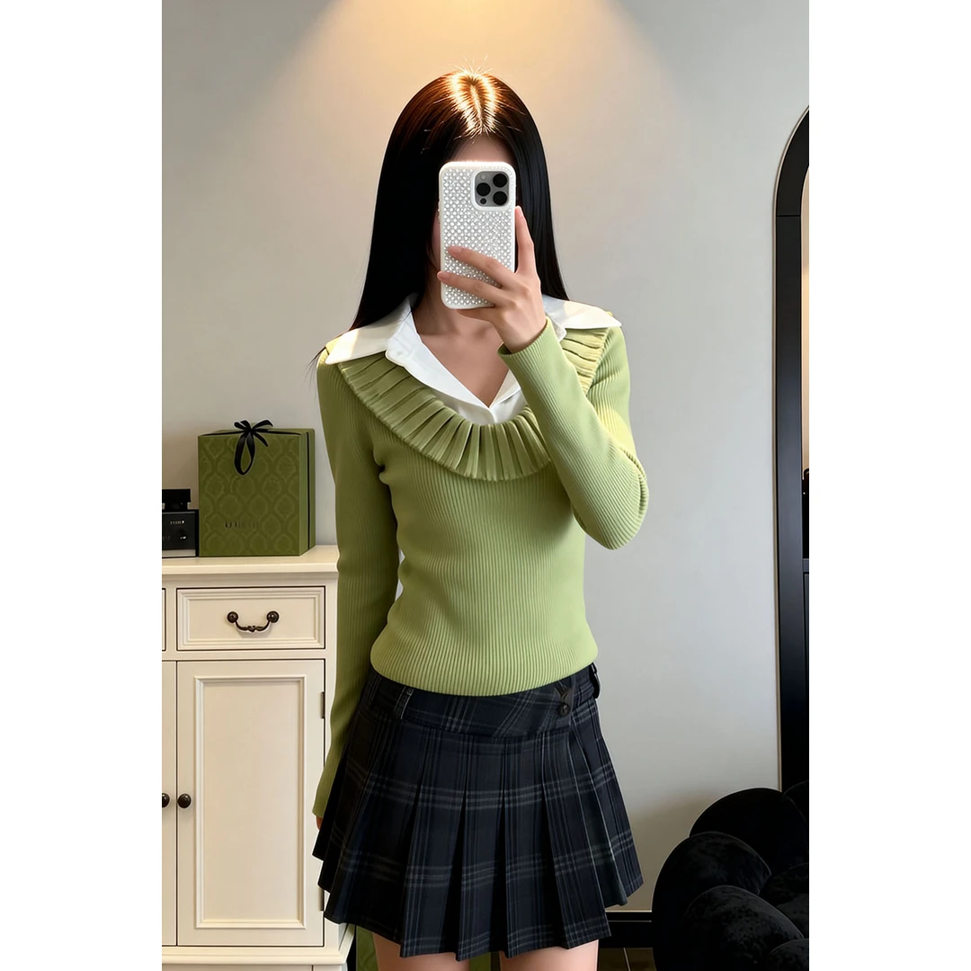 假两件拼接翻领长袖针织衫修身显瘦设计感上衣女秋格纹半身裙套装