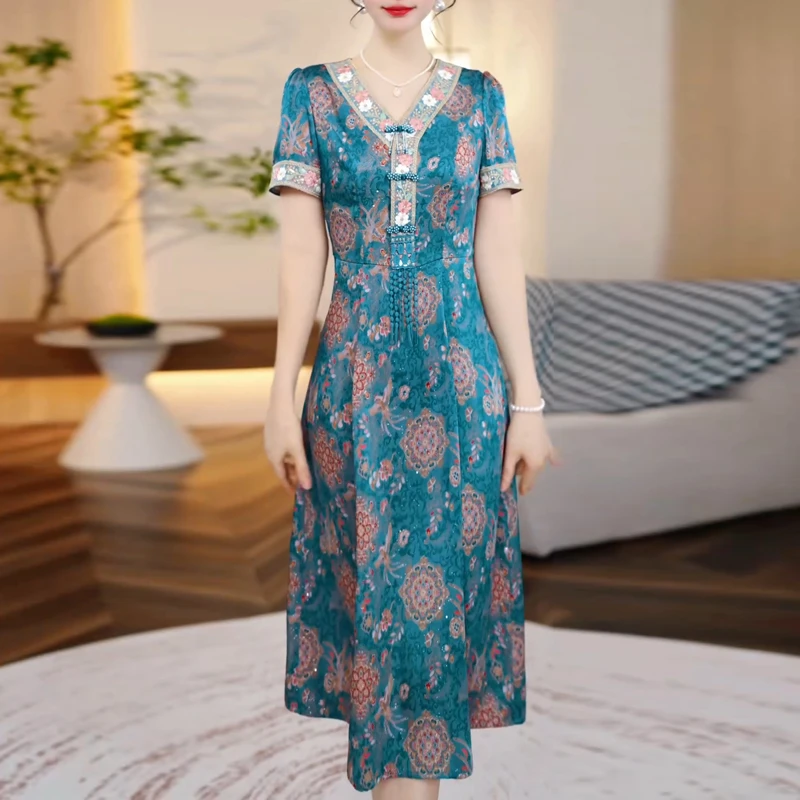 2025年夏季新款妈妈装气质显瘦连衣裙女中式国风修身显瘦花色裙子