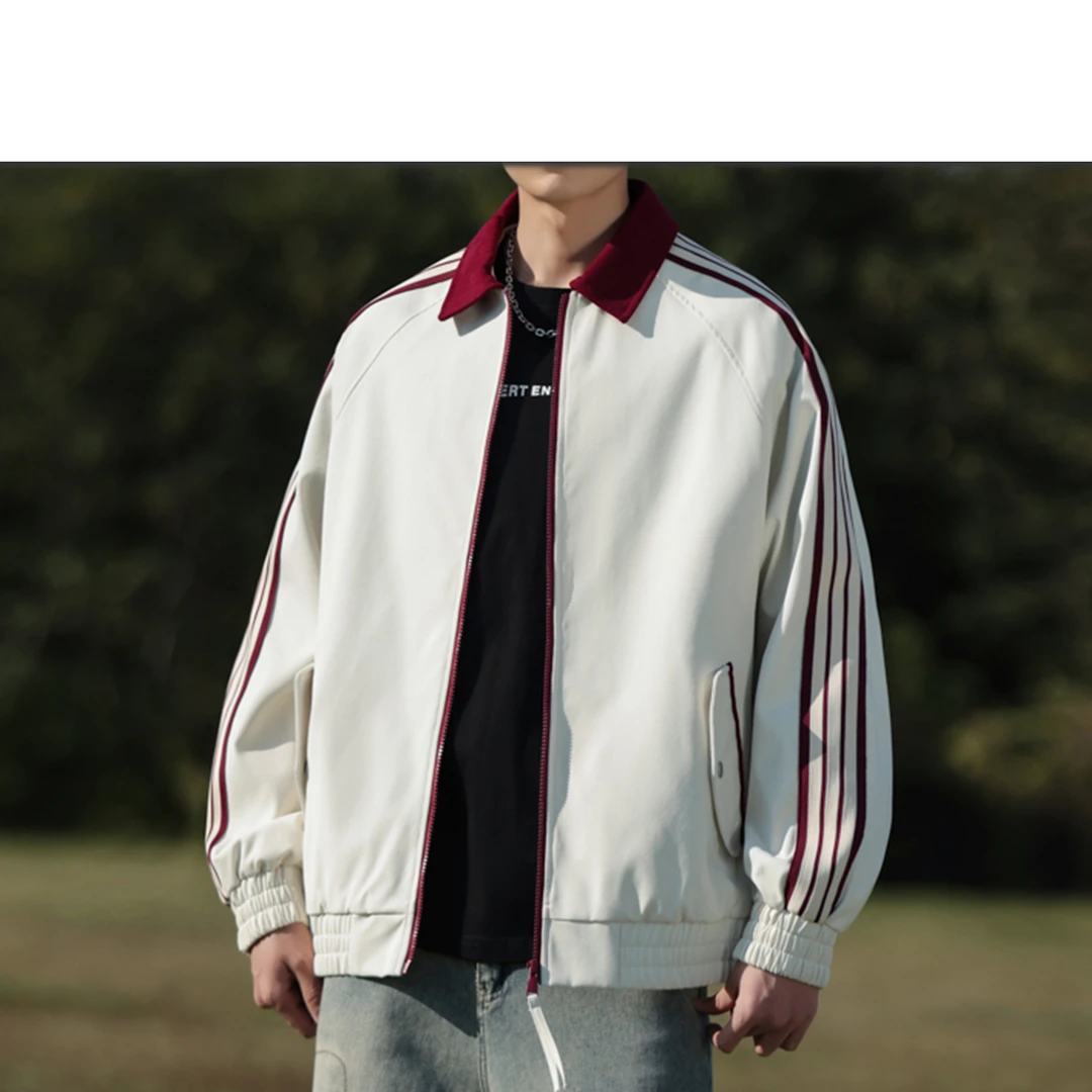 啄木鸟【官方】新款外套潮流时尚撞色条纹拼接百搭休闲大码翻领夹克