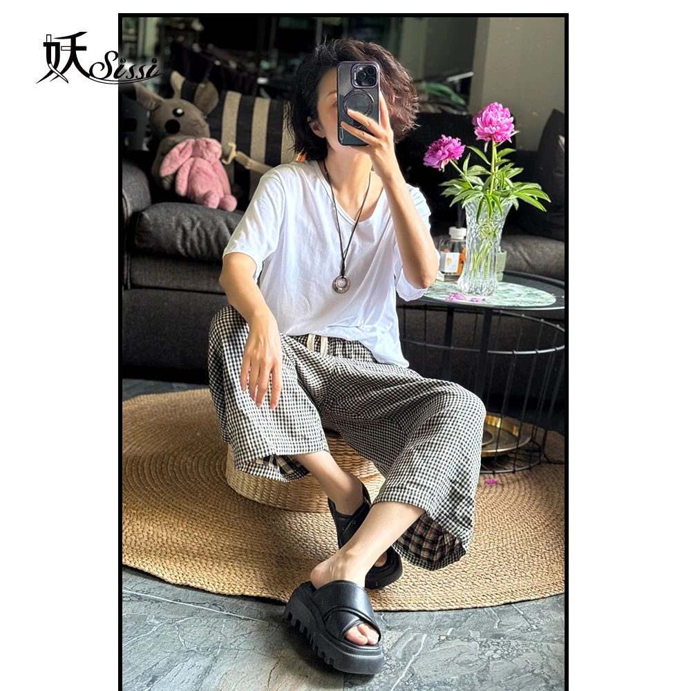 G《格调家居》2件胶囊/外单棉桃心领宽松白T+全棉小格子腔调哈伦裤