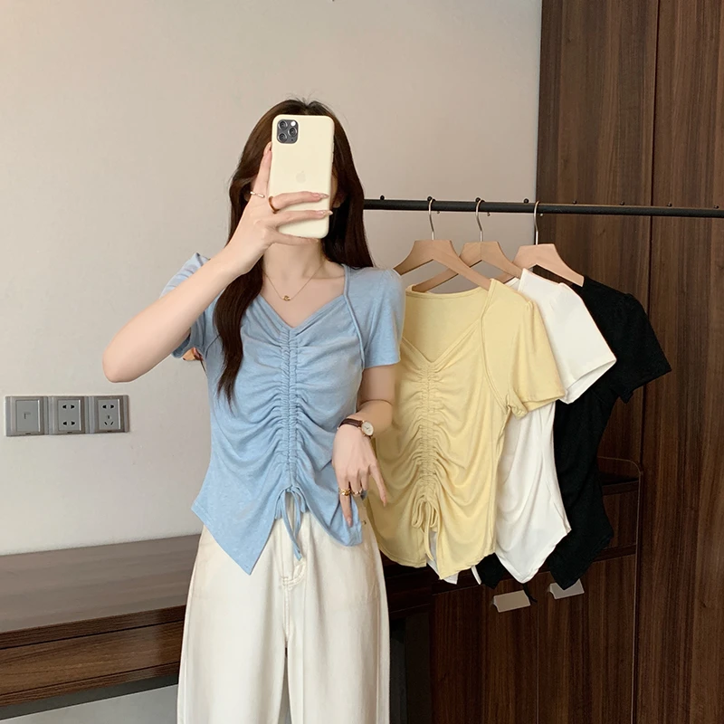 2025夏装新款胖mm大码女设计感抽绳纯色不规则短袖T恤33765