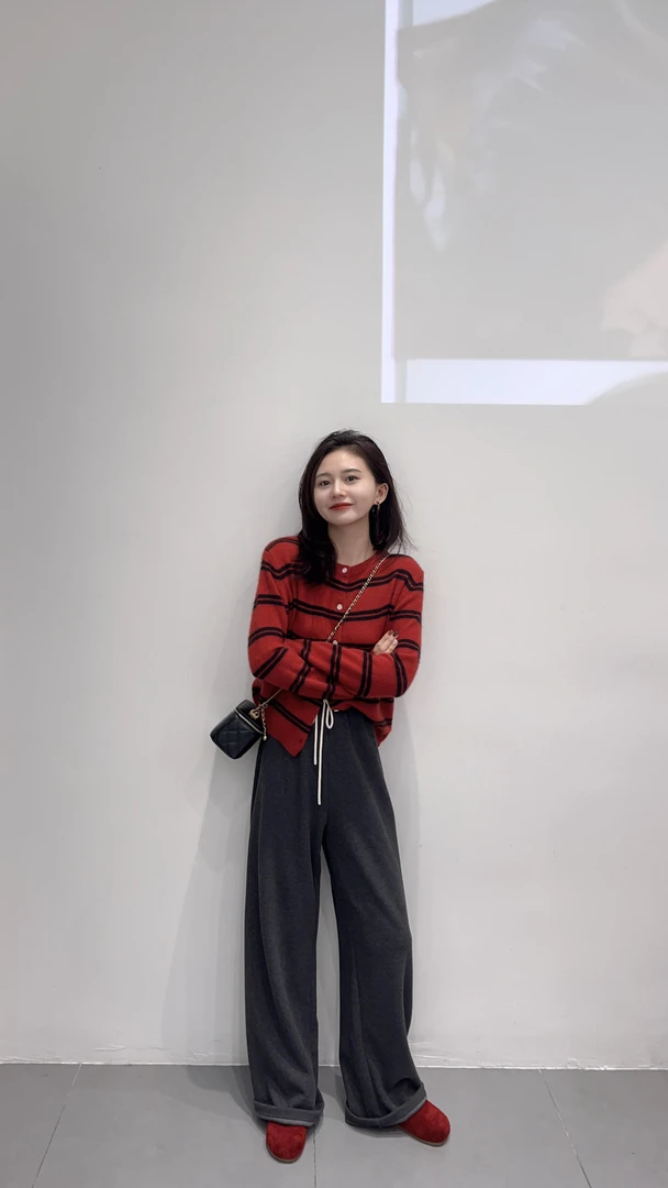 【午后花园】 INS风慵懒风休闲时尚套装保暖红色针织韩版灰色长裤