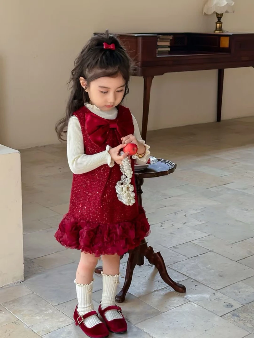 女童冬款加绒连衣裙红色玫瑰花边礼服两件套