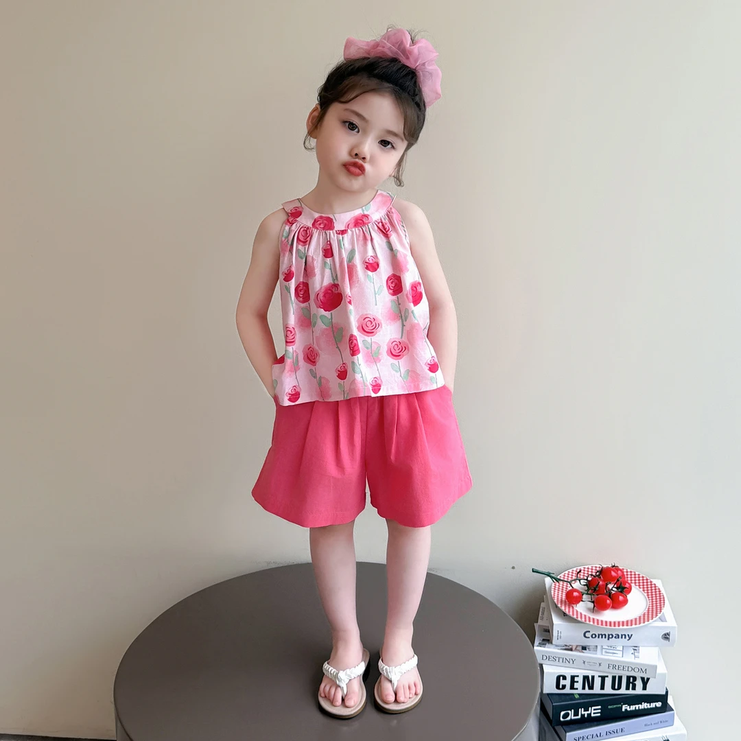 女童套装夏季2025新款儿童花朵背心短裤洋气小女孩无袖休闲两件套