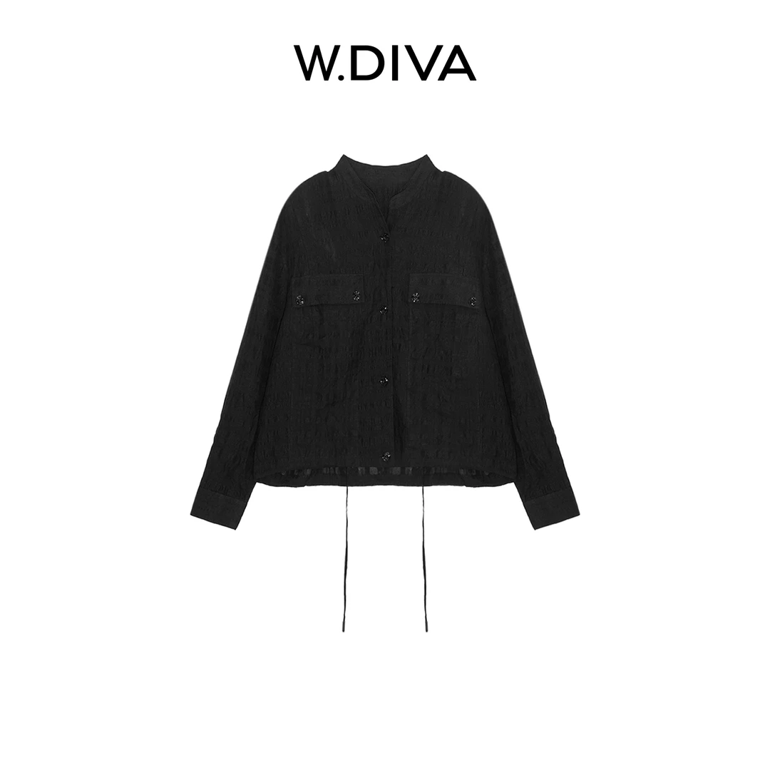 W.Diva【黑束迹】黑色天丝亚麻通勤风洋气衣服女格纹外套53C182417