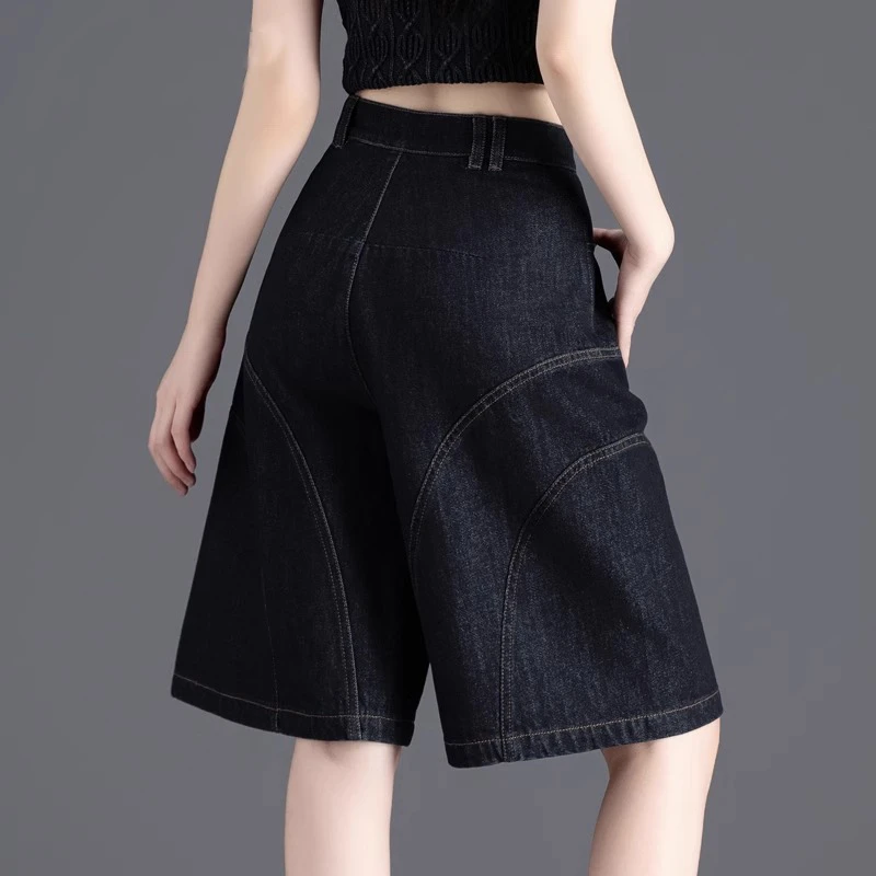 蓝黑牛仔短裤女夏薄款2025新款小个子宽松五分直筒裤阔腿过膝中裤