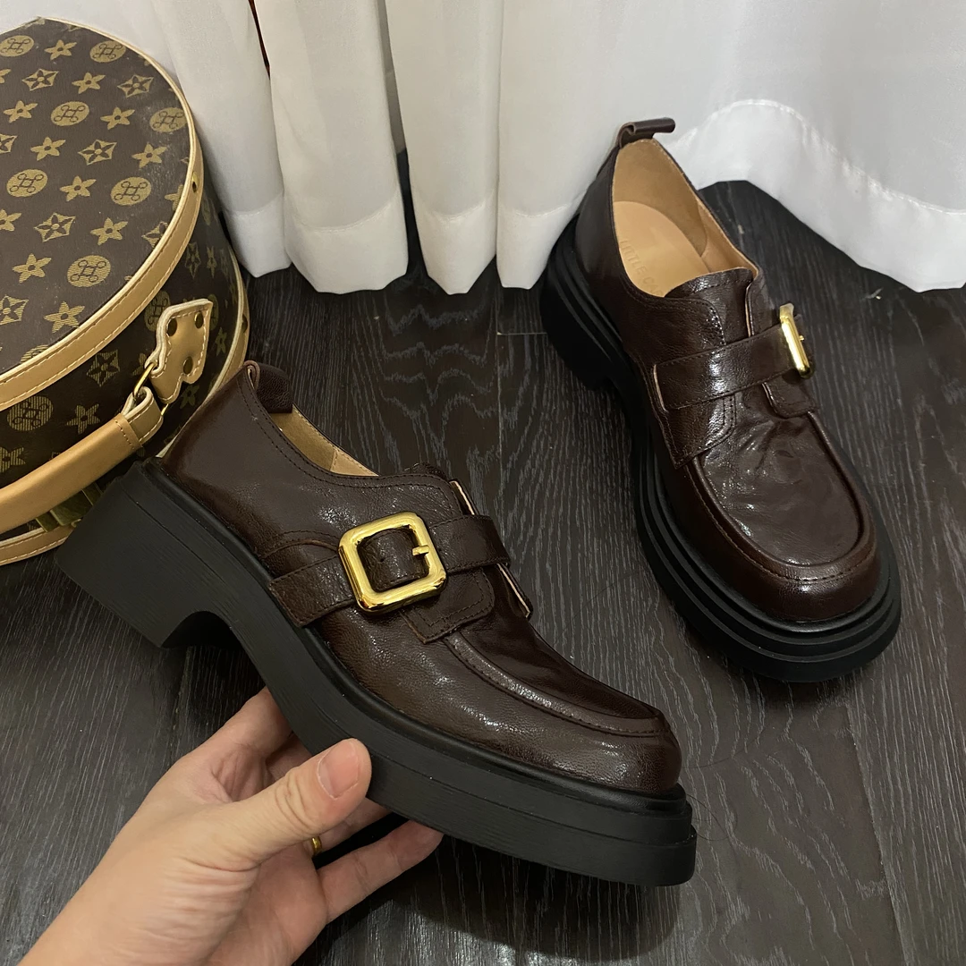厚底5厘米乐福鞋真皮皮带扣春秋新款单鞋百搭时尚女鞋英伦风复古
