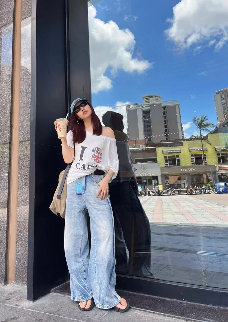 【主播同款】 2025夏季新品水洗蓝立体三拼侧条阔腿牛仔裤女显瘦