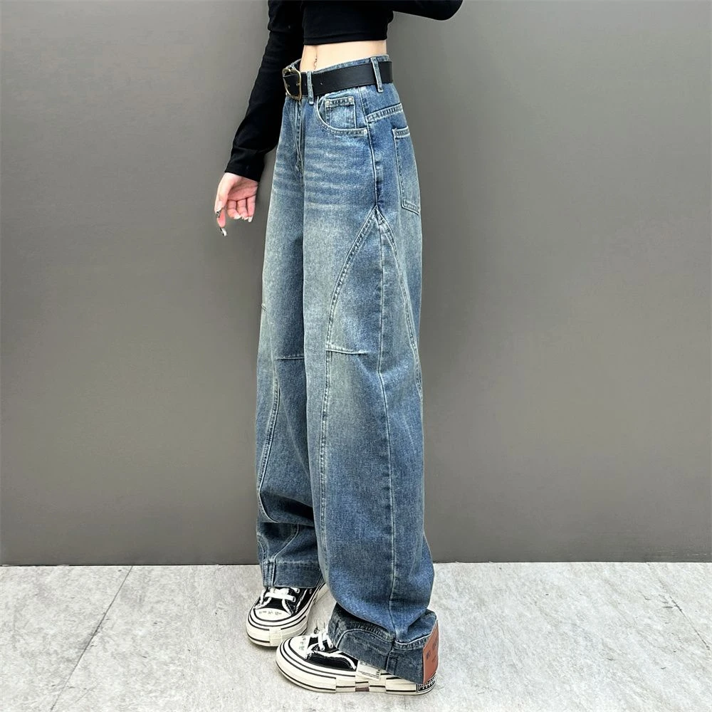 153小个子高街美式牛仔裤女秋冬季加绒水洗复古休闲弯刀裤拖地裤