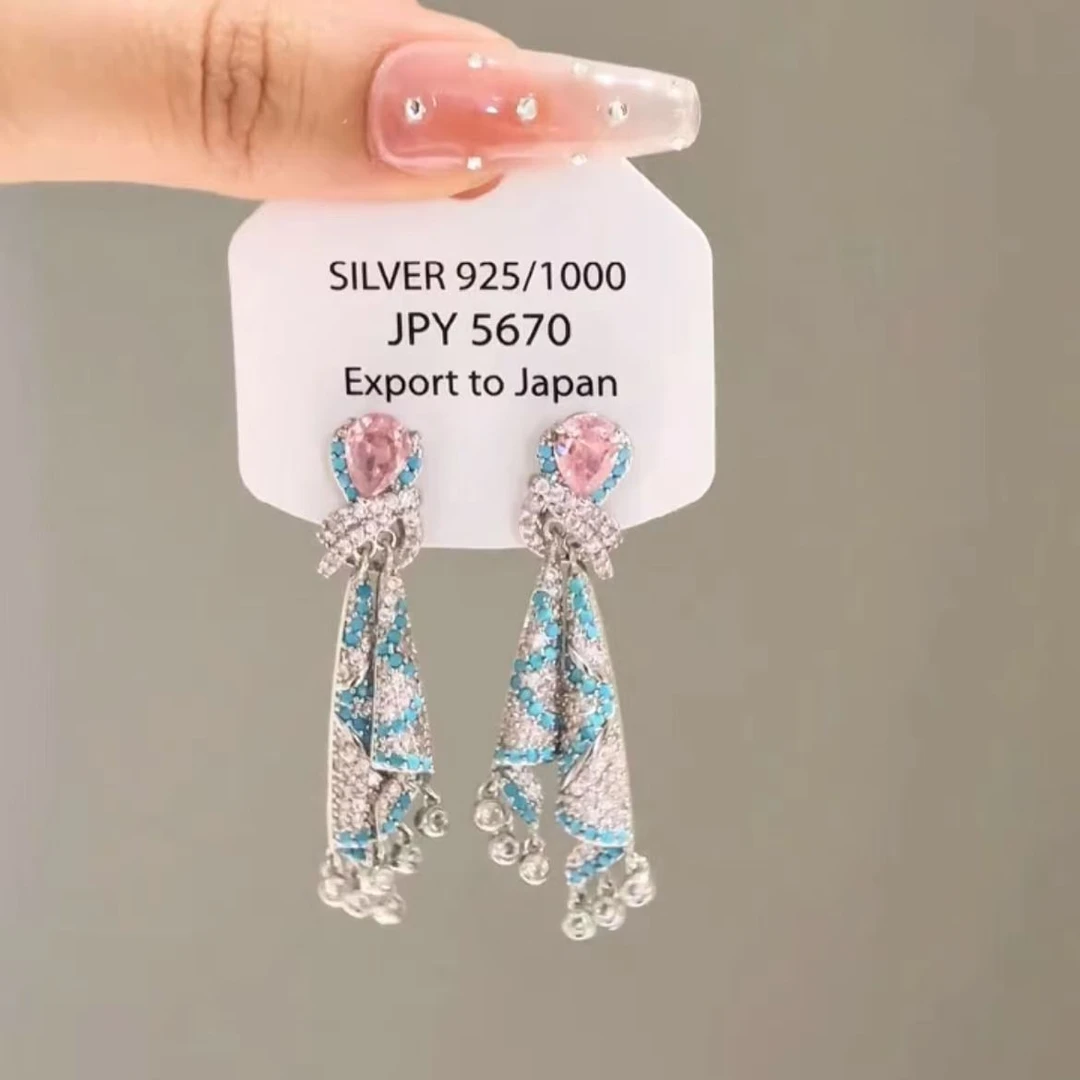 合金耳饰 重工闪闪丝绸长款耳钉高级感轻奢时尚百搭晚宴