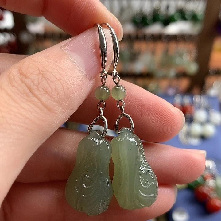 和田玉银S925镶嵌耳饰白菜22左右晴水绿