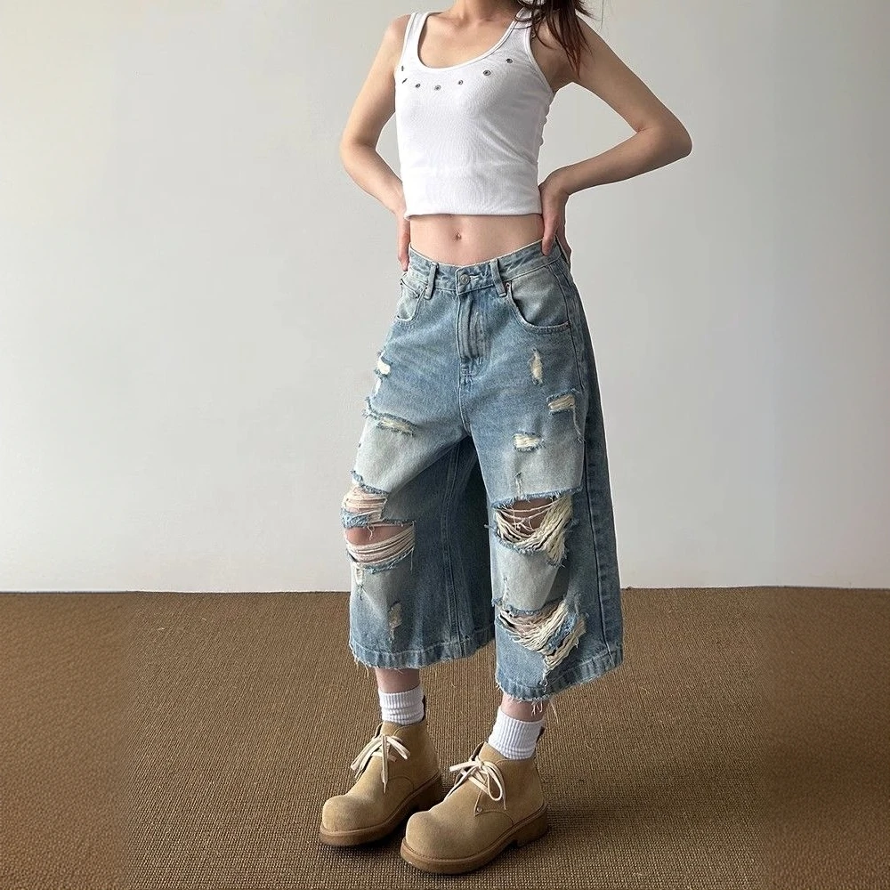 美式高街水洗破洞阔腿牛仔裤女夏季新款宽松休闲高腰直筒七分裤潮