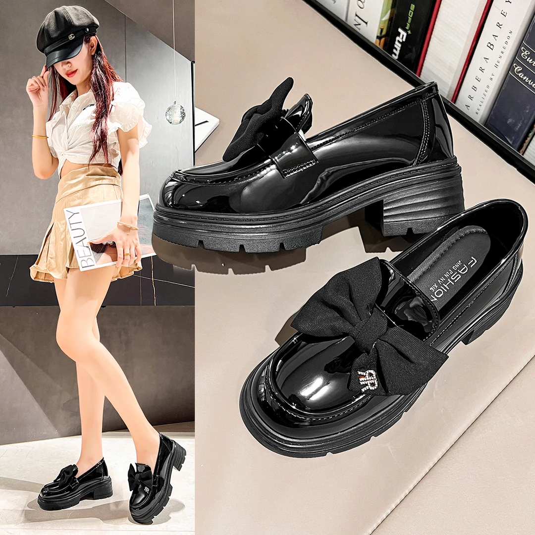 厚底乐福鞋女2025春季新款粗跟百搭仙女风蝴蝶结小皮鞋英伦风单鞋