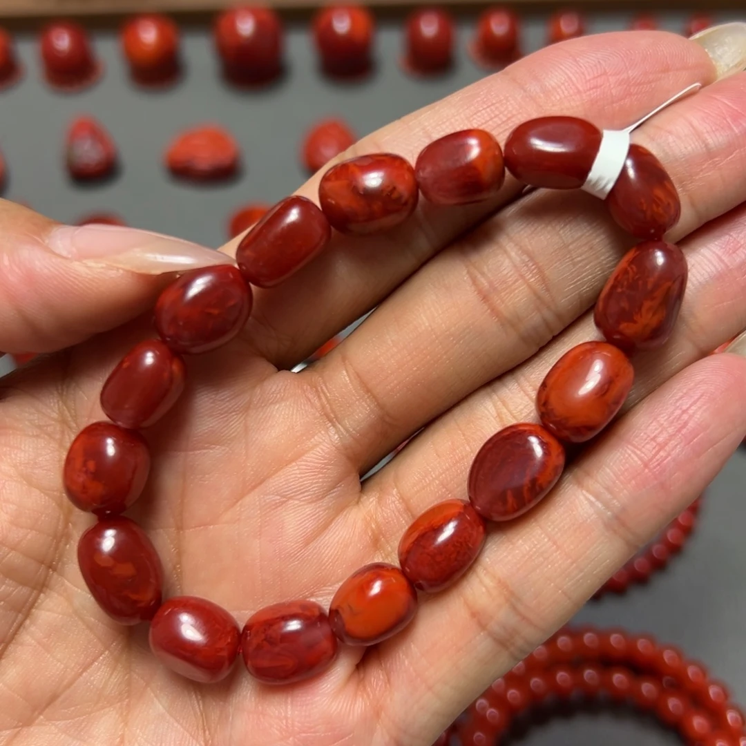 南红玛瑙未镶嵌手串 玫瑰红火焰随型 约9mm 性价比