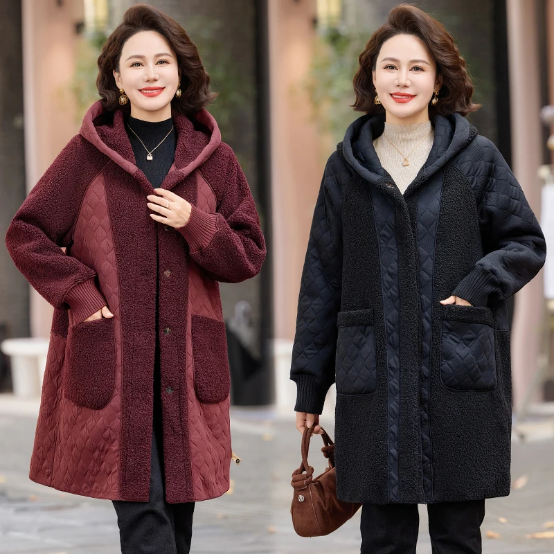 妈妈冬装外套中长款拼接连帽棉服中老年女装两面穿宽松毛呢大衣