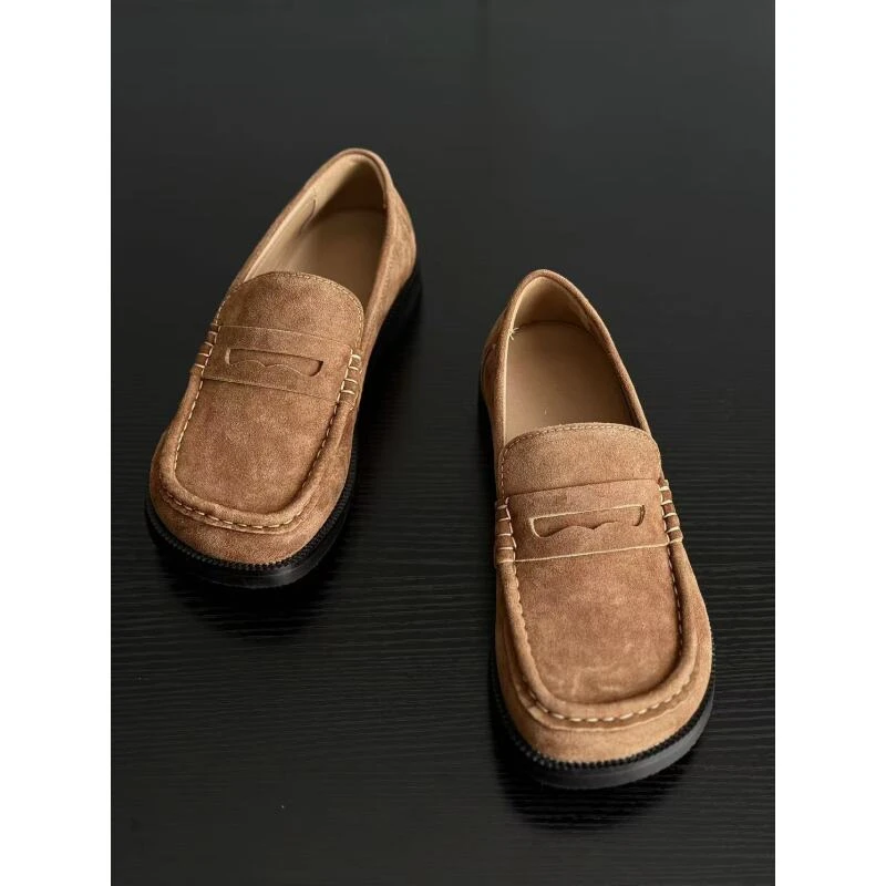老钱风乐福鞋慵懒感英伦复古棕豆豆鞋男鞋方头通勤一脚蹬皮鞋