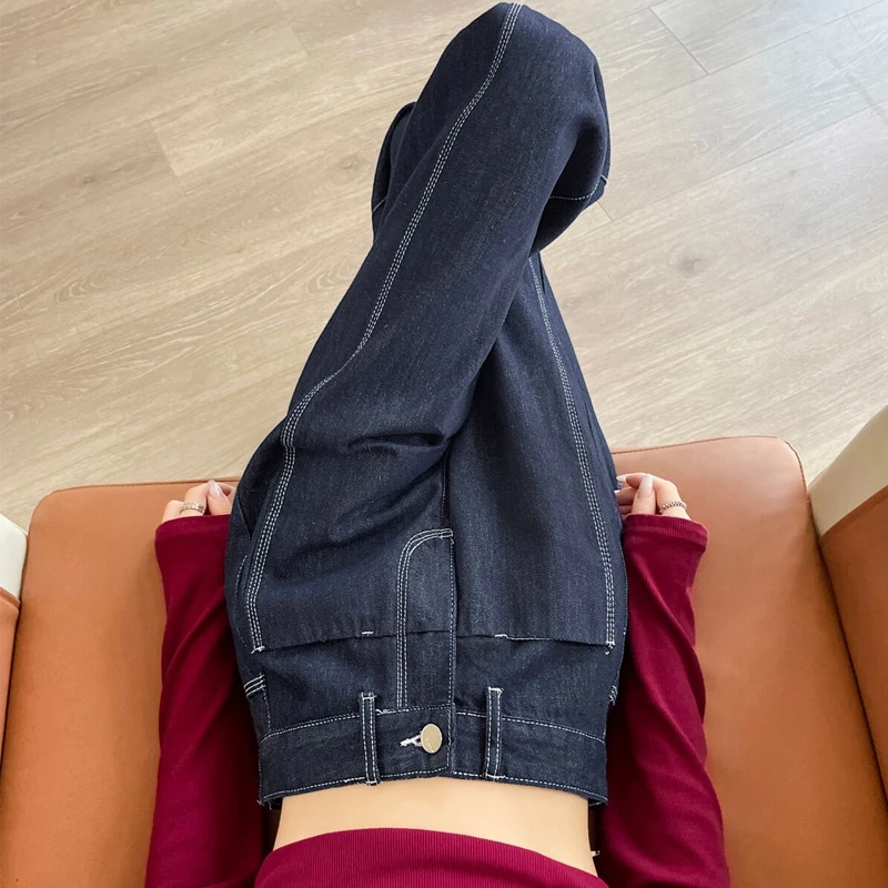美式丹宁蓝阔腿牛仔裤女秋季高腰垂感宽松直筒深蓝色垂感拖地裤潮