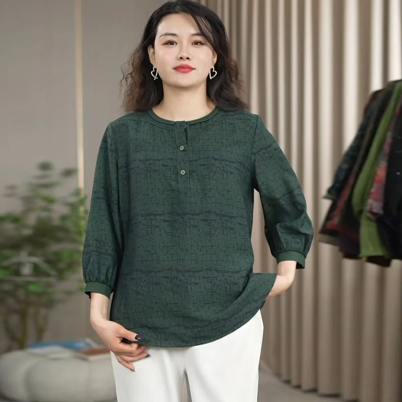 火袖F743春夏新款绿色圆领复古文艺风妈妈装气质小衫遮肉显瘦上衣