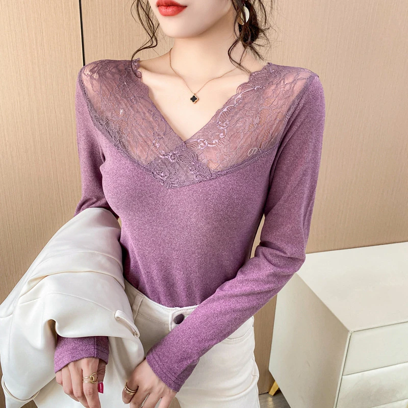 实拍秋冬女装德绒保暖衣V领蕾丝女t恤女神衣百搭长袖打底衫女内搭