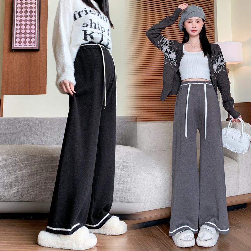 秋冬新款洋气宽松孕妇裤时尚针织撞色直筒宽松阔腿裤休闲长裤