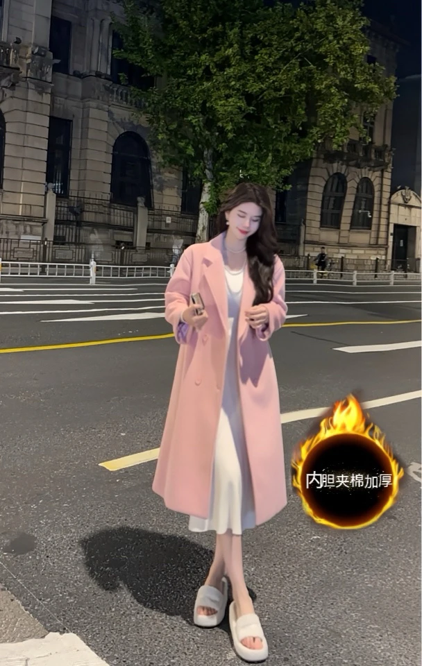 《粉色佳人》赫·她加棉加厚轻奢感韩版中长款毛呢大衣