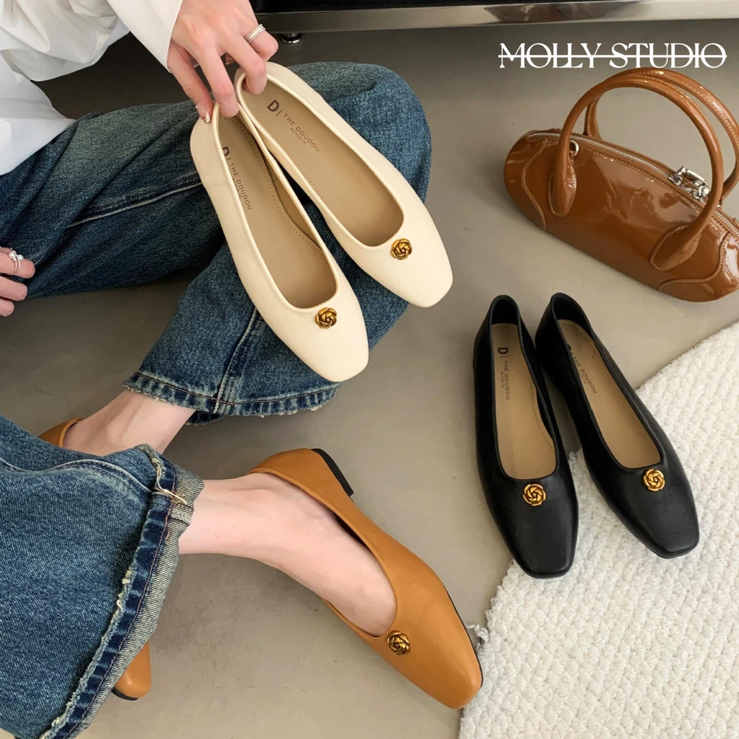 【法国Youtina&Shoes品牌正品】法式山茶花小香风平底浅口单鞋新