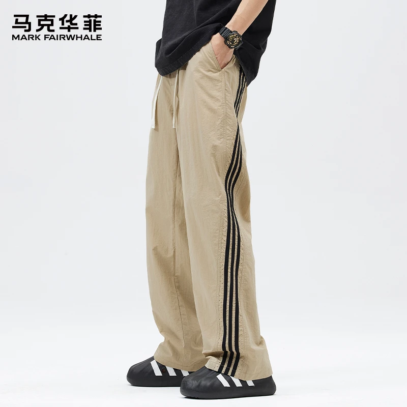 马克华菲美式条纹冰丝休闲裤男士夏季薄款宽松直筒速干运动长裤子