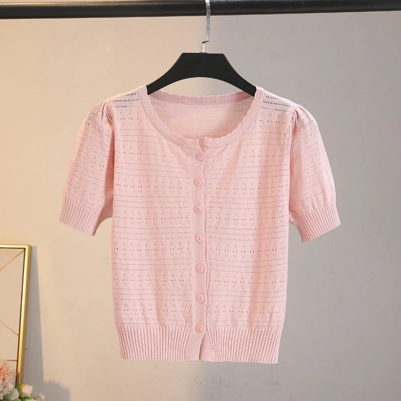 2025夏季圆领短袖粉色泡泡袖开衫冰丝单穿百搭T恤外套针织上衣潮