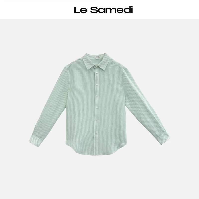 Le Samedi【游园薄荷】巴黎感小玫瑰刺绣 条纹亚麻直身衬衫