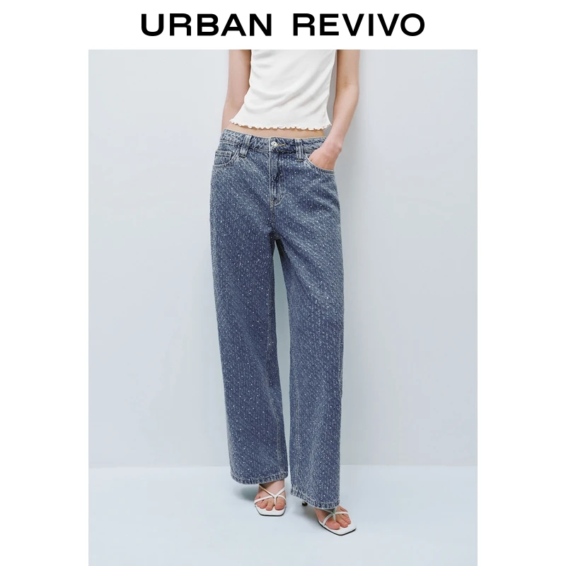 UR2025夏季新款女装复古休闲设计感烫钻饰牛仔长裤UWG850134